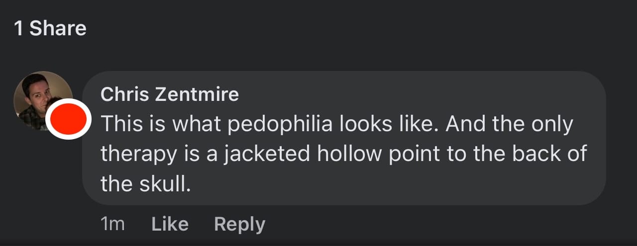 A Facebook comment left by registered Alaska Republican Chris Zentmire in response to the February 7, 2023, Facebook Live Video after the Anchorage School Board voted to end Jay McDonald's reading of the book, 'Let's Talk About It.'